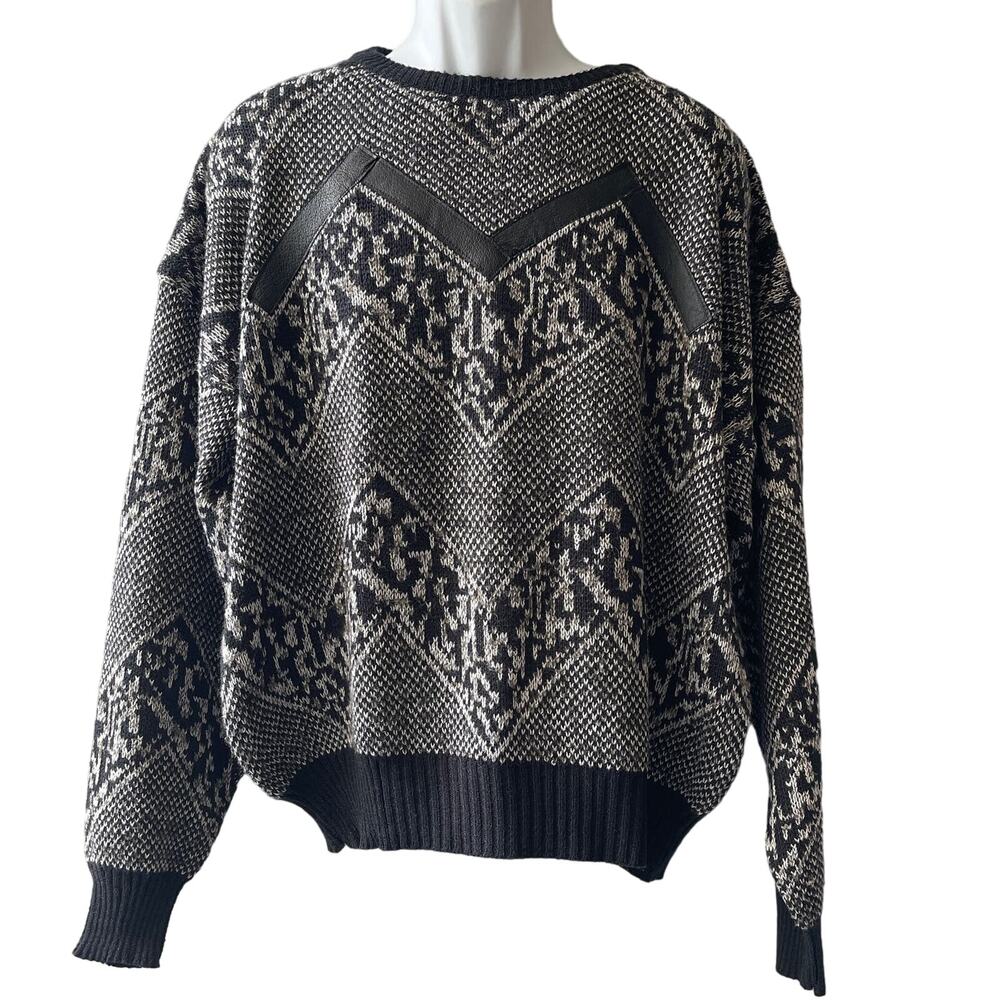 VINTAGE 80s Uniform Code Men's Patterned Sweater with Leather Trim Size XL